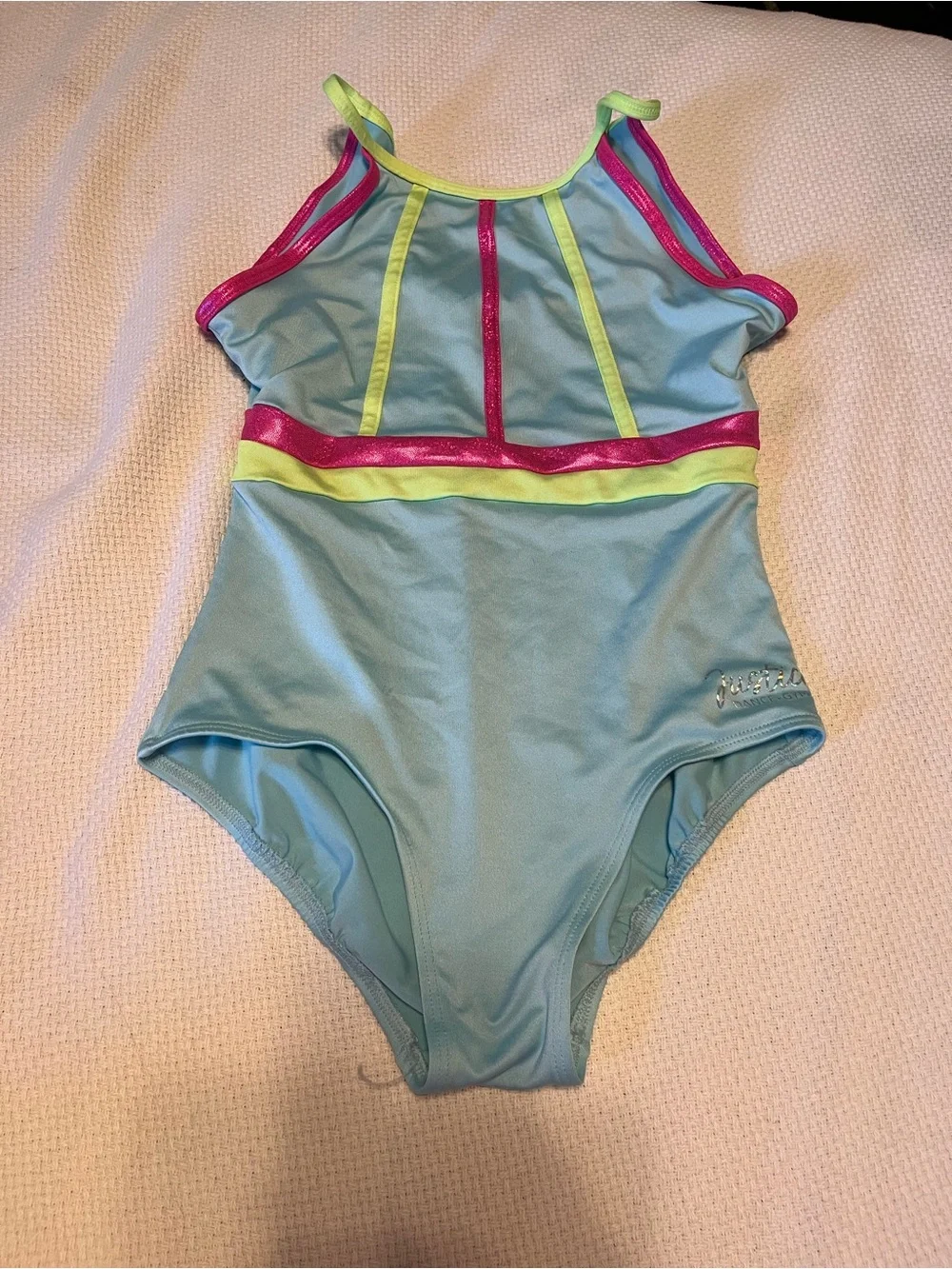 Justice Light Blue One-Piece Swimsuit with Neon Pink & Lime Trim
